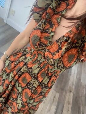 Ulla Johnson Olive & Rust Ruffle-Sleeve Maxi Dress